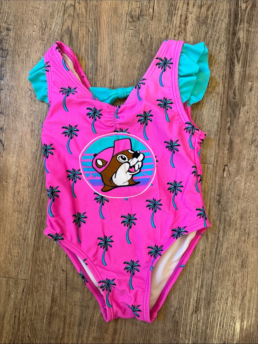 Girls Pink Palm-Print One-Piece Swimsuit with Teal Ruffle Straps